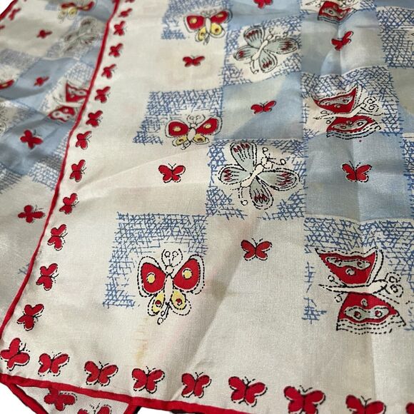 Vintage Top Hit Fashion 100% Silk Butterfly Scarf 34” Tie Japan Red Blue Yellow - Picture 3 of 7